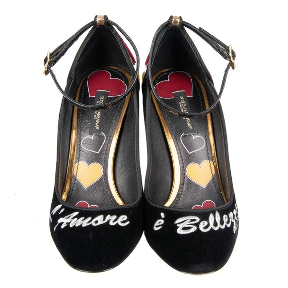 Dolce & Gabbana - Velvet Ankle Strap Hearts Pumps VALLY L'Amore Black Gold EUR 3 - Picture 5 of 5
